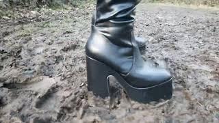 Muddy walk in super high platform knee boots normal speed