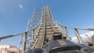 Switchback wooden roller coaster at ZDTs Front Row POV