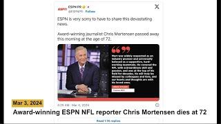 Award winning ESPN NFL reporter Chris Mortensen dies at 72
