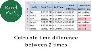 Calculate time difference in excel between 2 times
