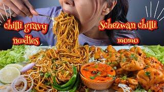 EATING SCHEZWAN MOMO & CHILLI CHOWMEIN WITH SPICY CHUTNEY  EATING SPICY STREET FOOD  MOMO & CHOW