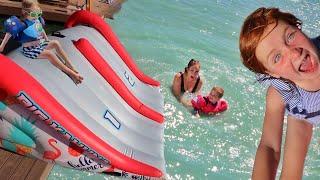 WATER SLiDE x2 and DADs Birthday  Ultimate Beach Day with Family & Friends pirate island swimming