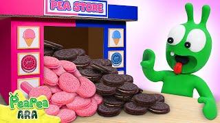 Pea Pea تستكشف آلة بيع Oreo باللونين الوردي والأسود  Pea Pea Ara  Cartoon for kids