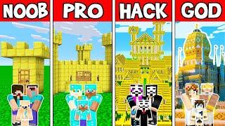 Minecraft FAMILY GOLD CASTLE BUILD CHALLENGE - NOOB vs PRO vs HACKER vs GOD in Minecraft