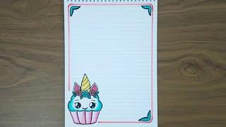 تزيين دفتر على شكل كب كيك يونيكورن رسومات لتزيين الدفاتر  easy notebook border design