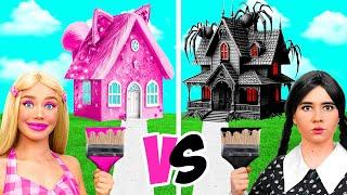 Wednesday vs Barbie One Colored House Challenge  Parenting Hacks by BaRaDa Gold Challenge