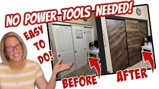 DIY BARN DOORS on a BUDGET  NO TOOLS  HIGH-END LOOKING Barn Doors you can AFFORD CLOSET DOOR FLIP