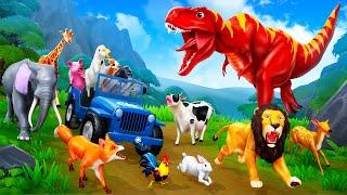 Funny Animals Wild Escape from Giant Dinosaur Chase at Jurassic Land Funny Animals Wild Run 2024