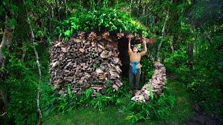 Survival Girl Living Alone Building Ancient Stone House in the Woods Rainforest by Hands