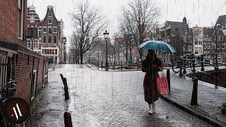 Rainy Walk Canals of Amsterdam 4K Relaxing #ASMR