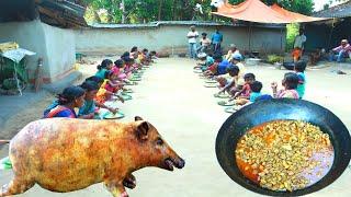 How santali tribal people clean pig and eating with rice  50KG PIG cooking by tribal people 