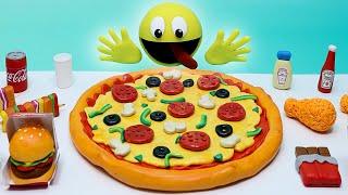 ASMR MUKBANG  Cheesy Pizza and Burger - Pac Man Stop Motion Mukbang