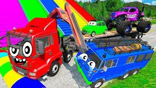 Double Flatbed Trailer Cars Transportation with Truck - 5 Monster Truck vs Big & Small Cars - BeamNG