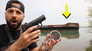 GIANT MAGNET FINDS GUN FISHING AT AN ABANDONED GHOST SHIP  MAGNET FISHING 