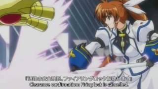 Nanoha blasts a hole through the spaceship in StrikerS