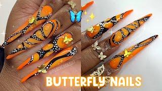 ORANGE BUTTERFLY STILETTO NAILS  FULL ACRYLIC NAIL TUTORIAL