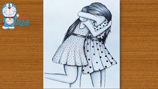 how to draw two friends hugging with pencil sketchkalem kroki ile sarılma iki arkadaş çizmek nasıl