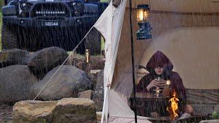 SOLO Camping in RAIN  New Tent relaxing in a Jungle between 2 creeks ASMR 