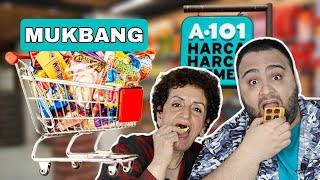 ANNEMLE A101DEKİ BÜTÜN ABUR CUBURLARI YEDİK BİM VS A101 MUKBANG