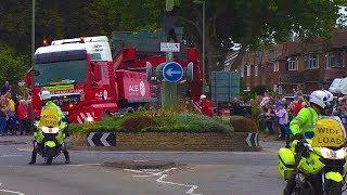 70m 145 tonne lorry meets small Surrey roundabout.