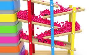 Color Balls and Toy Cars Sliding on Wooden Slider