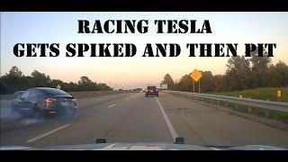 PURSUIT of Racing TESLA - Runs over SPIKE STRIPS and then PIT Maneuver by Arkansas State Police