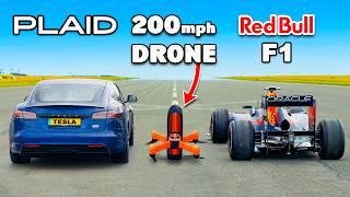 Tesla S Plaid v 200mph F1 Drone DRAG RACE