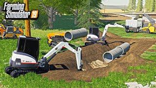 DIGGING SEWER PIPING FOR A MOBILE HOME PARK USING EXCAVATORS  FARMING SIMULATOR 2019