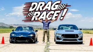 V8 Swapped Miata vs Ford Mustang GT Drag Race & Roll Race