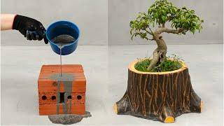 Make tree shaped flower pots from bricks and cement