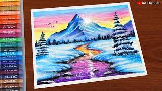 Winter Mountain Landscape Drawing with Oil Pastels  Step-by-Step Tutorial