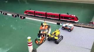 Lego Trains Traveling over Floating Water Bridge