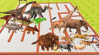 Dinosaurs vs Animals Speed Race Swirl Course from Outside to Inside Animal Revolt Battle Simulator