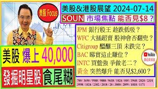 SOUN市場焦點 能否見$8JPM銀行股王 趁跌低吸？WFC大插 股神會否翻兜INTC買盤強？黃金 能否見$2600Citigroup 醞釀三頂 未跌完？2024-07-14