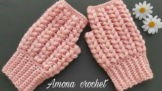 How to crochet Gloves with V puff stitchsubtitle كروشية قفازاتجوانتي بدون اصابع سهل للمبتدئين