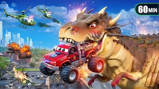 Dinosaur Rampage Can Police Monster Trucks Save the City? Citys Ultimate Rescue  1 Hr Cars Movie