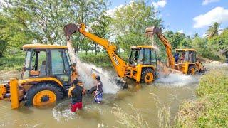 JCB 3DX 3 vs 6 Clown Drivers and Helpers Enjoyable Washing in River  jcb video