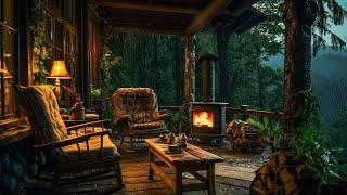 Treehouse Porch In Rain - Rain and Thunder Sound Crackling Fire Sound - Deep Sleep Relax Study