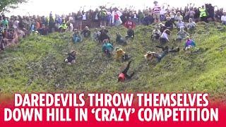 Daredevils throw themselves down hill in crazy cheese rolling competition