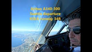 Seattle Tacoma Airport KSEA runway 34R departure - Airbus A340-300 Cockpit view in 4K