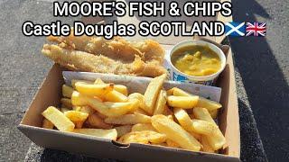 We try out MOORES FISH & CHIPS in CASTLE DOUGLAS SCOTLAND. Scottish & British food.