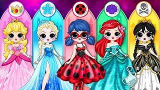 Elsa Peach Wednesday & Ladybug Become Princess DIY Paper Dolls Fashion