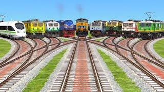 NINE PASSENGER TRAINS CROSSING AT BUMPY RAILROAD TRACK TrainsCrossing15 July 2024