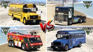 School Bus vs Airport Fire Truck vs Police Hauler Truck vs Prison Bus - GTA 5 Cars Which is Best?