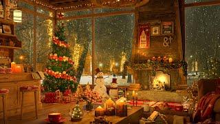 4K Snow Night on Window at Christmas Coffee Shop Ambience  Relaxing Jazz Music to RelaxStudy to