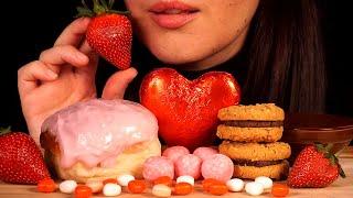 ASMR Chocolate Heart Strawberry Iced Bun Chocolate Cream Cookies  Valentines Day Eating Sounds