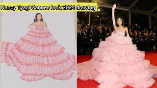 Nancy Tyagi Cannes look drawing  Nancy Tyagi 2024 Cannes look pink gown drawing  