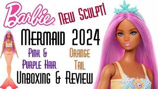  MERMAID BARBIE 2024 DOLL  NEW FACE SCULPT PINK PURPLE HAIR ORANGE TAIL  ECW  UNBOXING & REVIEW