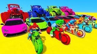 SPIDERMAN CARS MEGA Ramp Jump Challenge  SUPERHERO HULK Monster Truck Trevor Friends Stunt - GTA V