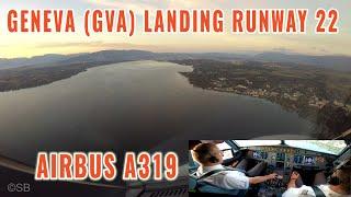 Geneva GVA  Beautiful sunrise approach over the lake to runway 22  Airbus cockpit + pilots view